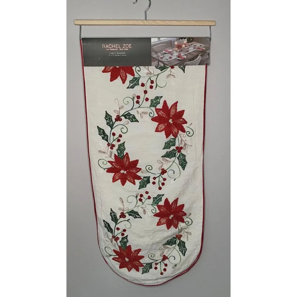 Rachel Zoe Christmas Table Runner Poinsettia Beaded Embroidered 16x72 Holiday
